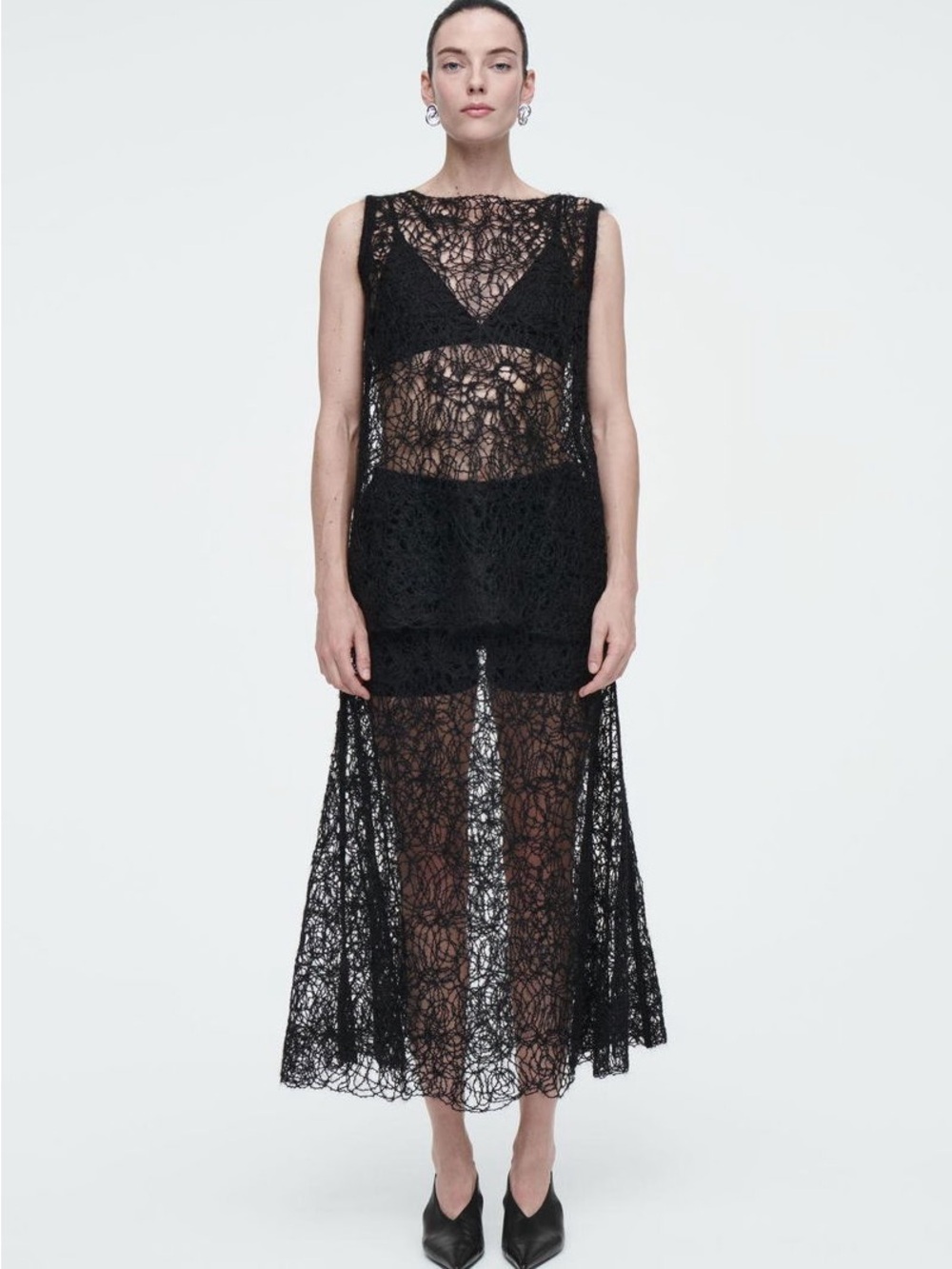 COS Black Mohair Knit Tank & Sheer Midi Skirt Set Open Knit Top M Skirt S